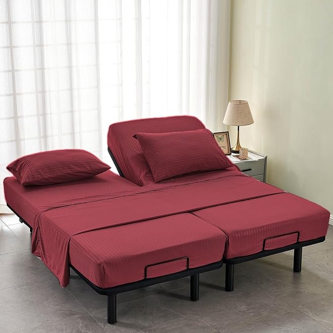 Kingnex Striped Split California King Sheets Sets for Adjustable Bed with Deep Pocket 5 Pieces Include 2 Cali Twin XL Fitted Sheets 1 Flat Sheet 2 King Size Pillowcases Burgundy