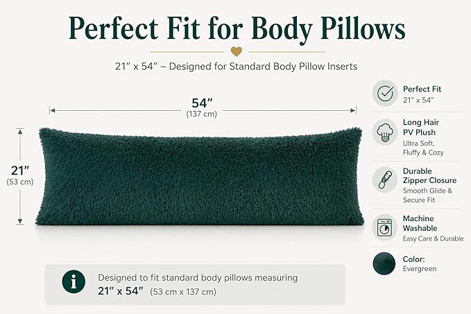 Reafort Luxury Faux Fur Body Pillow Cover 21" x 54", Long Hair PV Plush Body Pillow Case with Hidden Zipper Closure, Ultra Soft Fluffy Decorative Long Pillow Cover (Evergreen, Body)