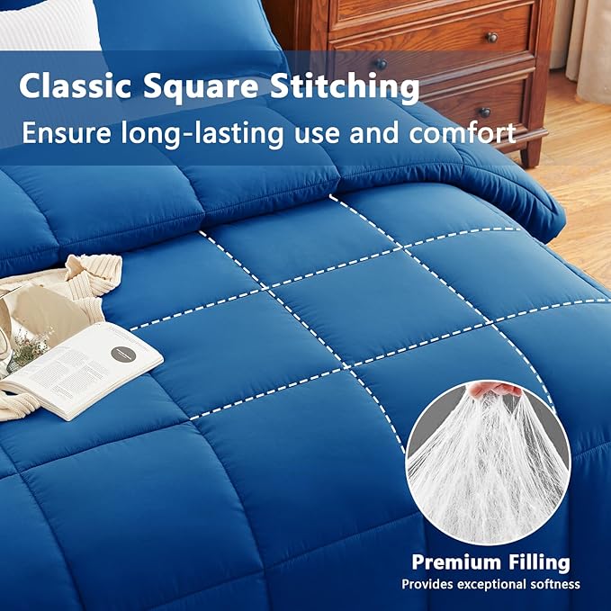 CozyLux King Size Comforter Set - 270GSM Classic Blue Bedding Sets for All Seasons, 3 Pieces Box Stitched Bed Set with 1 Down Alternative Comforter and 2 Pillow Shams, Soft, Lightweight, Durable