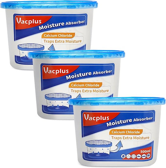 Vacplus Moisture Absorbers - Dehumidifiers for Closet, Efficient Humidity Absorber Boxes Collect Excess Moisture for Bathroom, Kitchen, Study, Fragrance-Free, 3 Pack