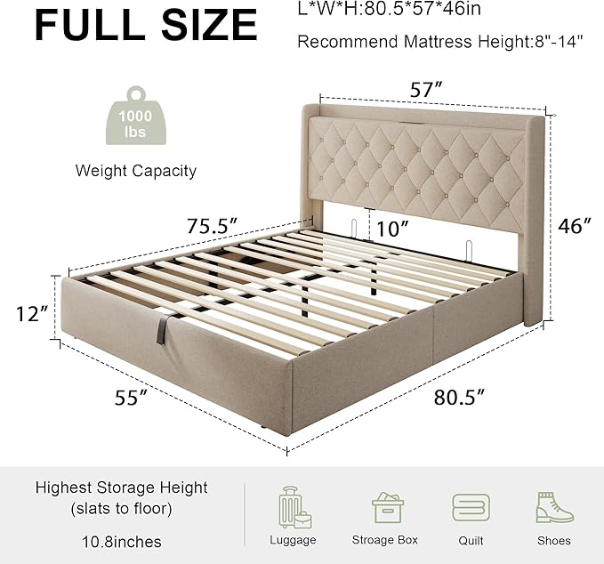Feonase Full Size Bed Frame with Storage & Charging Station - Hydraulic Lift Up Platform Bed, Upholstered Button Tufted Headboard, Sturdy Wooden Slats, Noise-Free, No Box Spring Needed,Beige