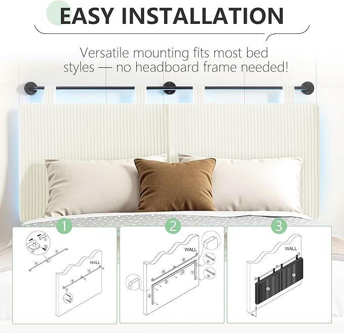 Headboard Queen Size，Modern Wall Mounted Headboards with LED Light for Bed with Upholstery Hanging Headboard for Bedroom,Featuring High-Density Sponge Padding，White