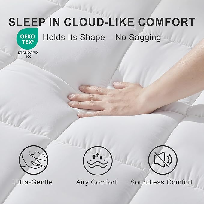 Mattress Topper Full Size Breathable Filled Soft Fluffy Supportive for Back Pain Relief, Bed Mattress Pad Pillow Topper with Extra Thick Padded Protector for 8"-21" Deep Pocket