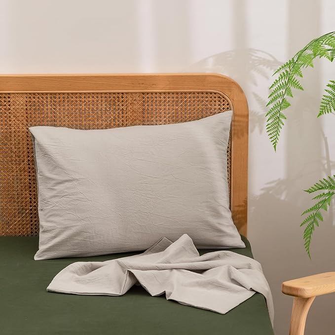 BESTOUCH 100% Washed Cotton Pillowcase for Hair and Skin Linen Feel Soft Comfortable Breathable 2 Set Pillow Case with Envelope Closure Solid Linen Grey Standard 20x26 Inches