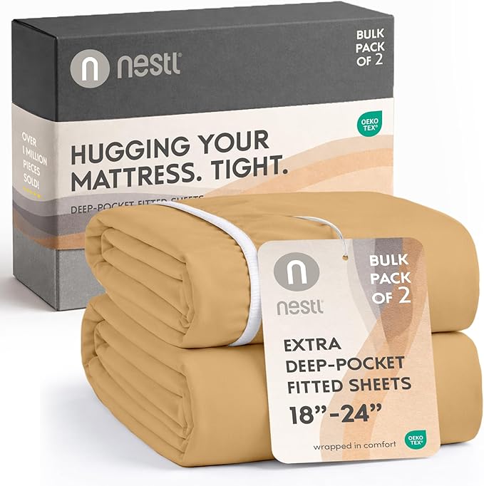 Nestl 2 Pack Camel Gold Fitted Sheet Extra Deep Pocket, Hotel Luxury FullFitted Sheet Only Easily Fits 18 to 24 Inch Mattress, Super Soft, Wrinkle-Free and Breathable with Corner Straps