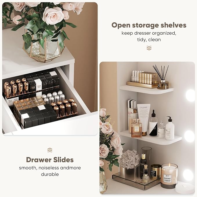 DUMOS Vanity Desk Makeup with Mirror LED Lights, Table with Power Outlet 3 Drawer, 4 Storage Shelves & 2 Cabinets, 3 Lighting Modes & Adjustable Brightness, Dressing Tables for Bedroom, White