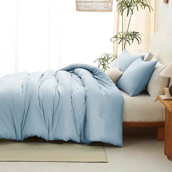 CozyLux Full Size Comforter Set Light Blue, 3 Pieces Solid Breathable Quilted Bedding Sets, Luxury Lightweight Soft Bed Set with Down Alternative Comforter and 2 Pillowcases for All Seasons