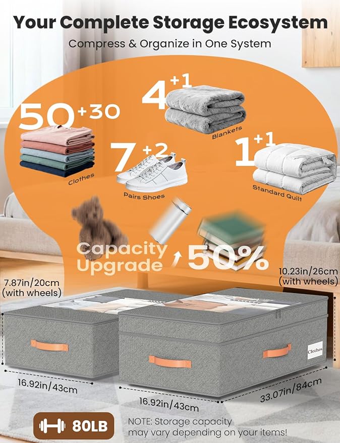 TOSKING 2-Pack Under Bed Storage Drawers with Wheels, 6 Vacuum Bags, Adjustable Height 7.9-10.2", Large 90L/80 lbs Clear Lid, 900D Oxford, Space Saver for Dorm Bedroom, Blankets, Clothes, Shoes, Gray