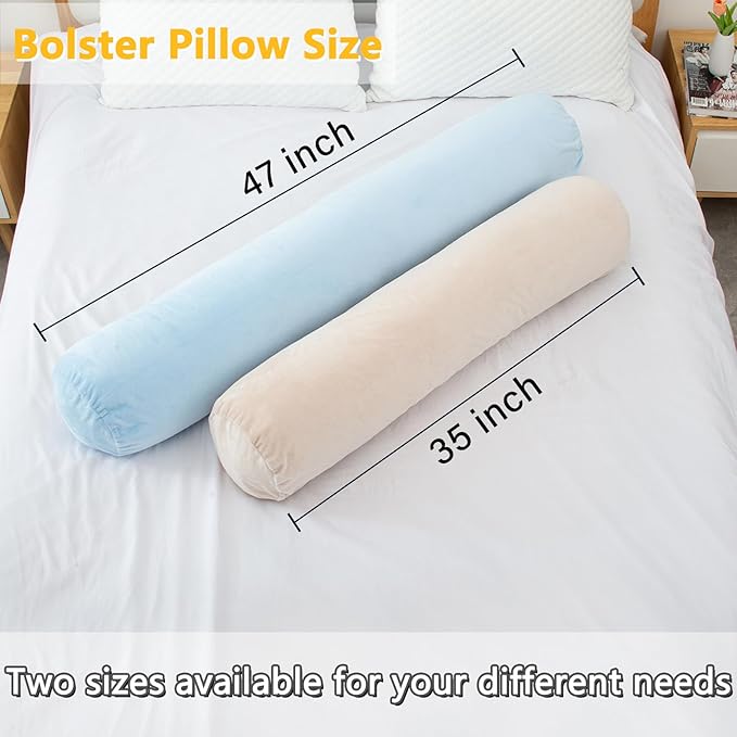 1 MIDDLE ONE Bolster Pillow for Bed, Long Round Body Pillow for Adults with Removable Velvet Cover, Decorative Tube Roll Cylinder Pillow, 47 x 7.87 Inch, Light Blue