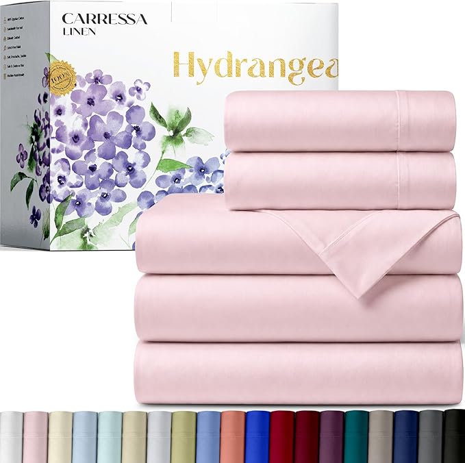 Carressa Linen 100% Egyptian Cotton Split King Sheets Sets for Adjustable Bed - 600 Series Hydrangeas Collection 5 PC Blush Top Split King Sheets, 16" Deep Pocket Sheet for Adjustable Bed