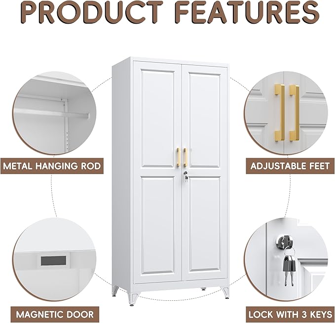 SteeLoong Metal Wardrobe Closet,71" H Wardrobe Cabinet with Locking Doors,White Clothing Storage Cabinets with Hanging Rod and 3 Adjustable Shelves,Armoire Wardrobe Closet for Home Office,School,Gym