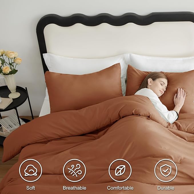 CozyLux King Size Comforter Set Pumpkin, 3 Pieces Solid Comforters King Size Breathable Quilted Bedding Sets, Fall Luxury Soft Lightweight Bed Set with Down Alternative Comforter and 2 Pillowcases
