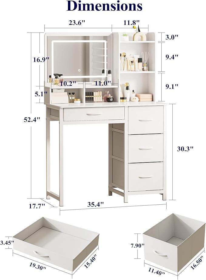 Kitsure Vanity Desk with Mirror and Lights - Large Capacity Makeup Vanity with 4 Fabric Storage Drawers & 3 Lighting Modes, Vanity Table Set with Sturdy Metal Frame for Bedroom, White, 35" x 17" x 52"