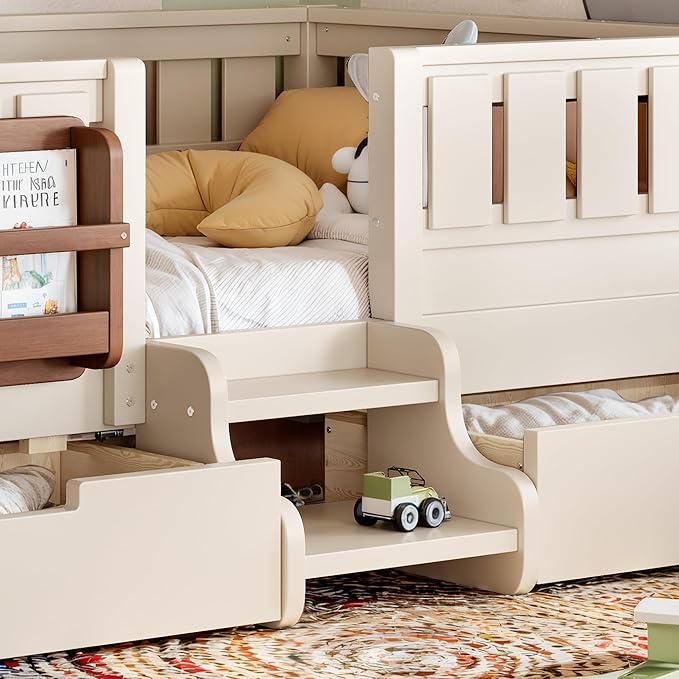 Bellemave Twin Size Kids Montessori Bed with Stairs and Bookshelf,Solid Wood Twin Size Kids Bed Frame with Drawers and Storage for Girls Boys,Low-Profile,Beige