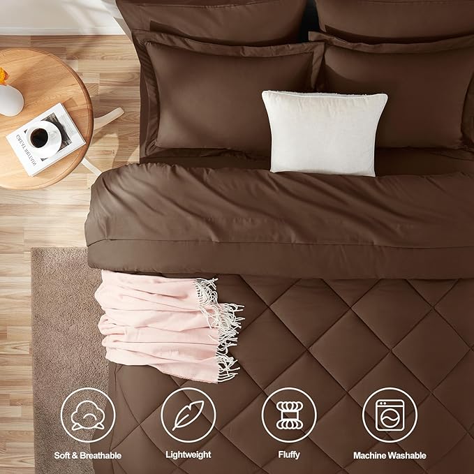 CozyLux Oversized Queen Comforter Set Brown - 7 Pieces Bed in a Bag Comforter Set with Sheets, Luxury Soft Bed Set, Bedding Set with Down Alternative Comforter, Sheets, Pillowcases & Shams