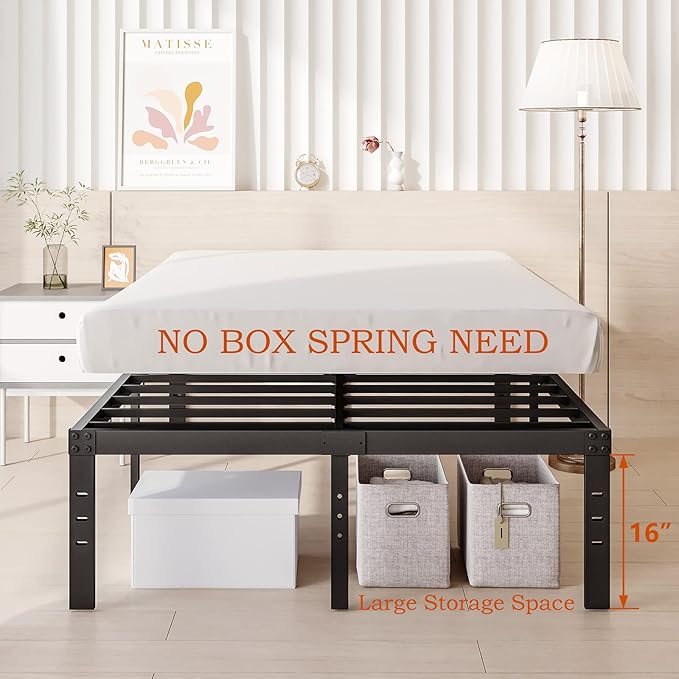 18 Inch Bed-Frames-Full, Heavy Duty Black Tall Metal Bed Frame No Box-Spring Needed, Easy Assembly, Under Bed Storage, Noise Free Mattress-Foundation Support up to 2000Lbs