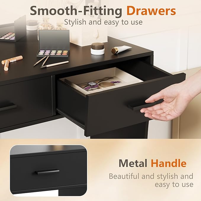 YESHOMY Vanity Desk with Mirror, Power Outlet and 11 Lights, Makeup Table with 2 Drawers, 3 Color Modes Available for Bedroom, Ash Black