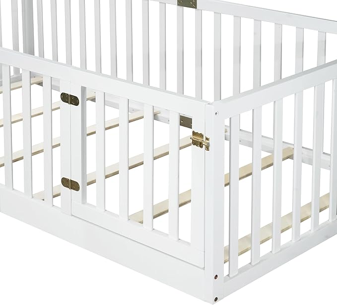 Bellemave Twin Size Montessori Floor Bed with 21.5" High Rails, Rubber Wood Twin Floor Bed with Slats and Door, White