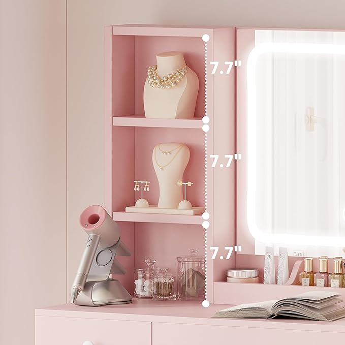 IRONCK Vanity Desk with LED Lighted Mirror & Power Outlet, Makeup Table with Drawers & Cabinet,Storage Stool,for Bedroom, Pink