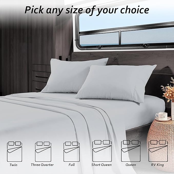 Queen RV Camper Sheet Set (60x80) – 100% Egyptian Cotton, Soft & Cooling, 16” Deep Pocket Fitted Sheet, Luxury Hotel Quality Bedding for RVs, Campers & Motorhomes (Light Grey Solid)