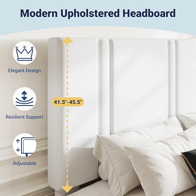 Allewie Queen Platform Bed Frame with Adjustable Headboard, Plush Velvet Upholstered, Vertical Channel Tufted, Sturdy Wooden Slats, No Box Spring Needed, Easy Assembly, White