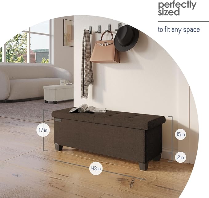 Storage Ottoman Bench with Bins, 43-in Storage Bench for Bedroom End of Bed, Folding Foot Rest Ottoman for Living Room Max 660lbs, Fabric Ottomans, Brown