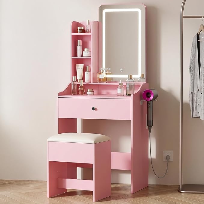 DUMOS Makeup Vanity Desk, Vanity Table Set with Mirror and Lights, Small Vanity with Storage Bench, Charging Station and Hair Dryer Holder, Dressing Table with Drawer and Three Shelves, Pink