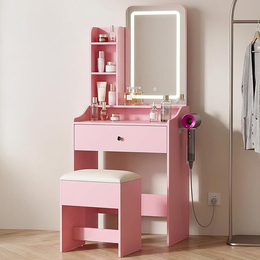 DUMOS Makeup Vanity Desk, Vanity Table Set with Mirror and Lights, Small Vanity with Storage Bench, Charging Station and Hair Dryer Holder, Dressing Table with Drawer and Three Shelves, Pink