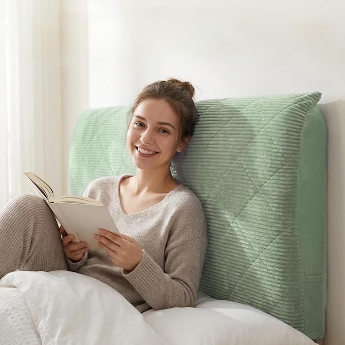 Corduroy Headboard Cover—Stretch-Quilted, Padded Dust-Proof Protective Cover (Fits Queen/King Beds), Machine-Washable Decorative Headboard Cover (Green, 71x27.5 inches)