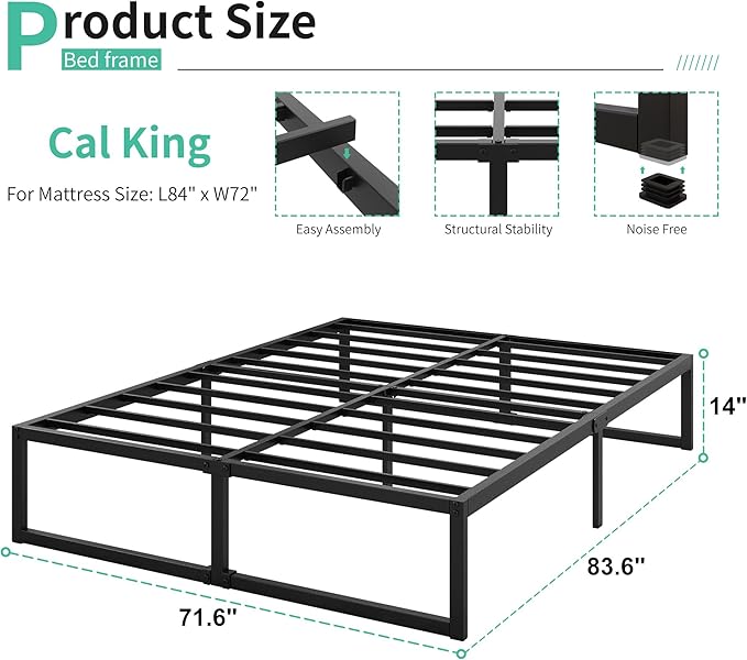 Lutown-Teen 14 Inch California King Bed Frames No Box Spring Needed Heavy Duty Metal Cal King Platform for Mattress Foundation, Noise Free, Easy Assembly, Black