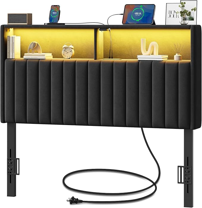 Rolanstar Headboard for Twin Size Bed with Storage, Head Board with USB & Type C Port, 60,000 DIY Color of LED Light, Velvet Upholstered, Height Adjustable, Sturdy, Easy Assembly, Black