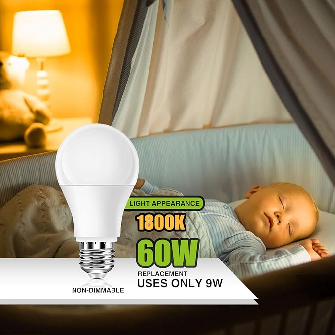 Neporal Amber Light Bulbs, 9W 60W Equivalent A19, Blue Light Blocking Soft Warm Light Bulbs, 1800K Amber Night Light, Dim Light for Healthy Sleep and Baby Nursery