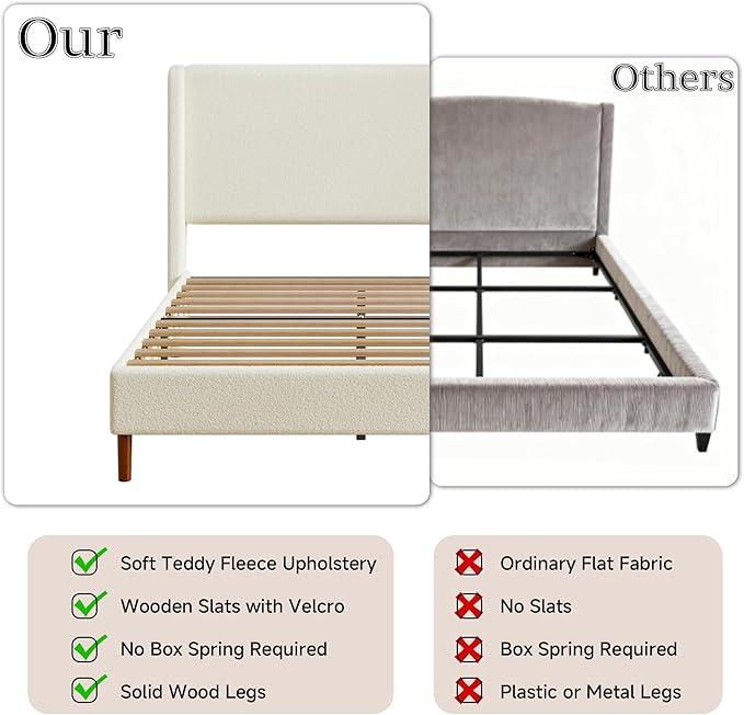 King Boucle Upholstered Platform Bed Frame with Adjustable Wingback Headboard, Cloud Bed with Solid Wood Legs, No Box Spring Needed, Easy Assembly, Beige