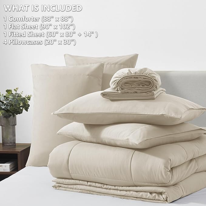CozyLux Queen Comforter Set Oatmeal, 7 Pieces Bed in a Bag, Oatmeal Comforters Queen Size, All Season Bedding Sets with Stitch Quilted Comforter, Flat Sheet, Fitted Sheet, Pillowcases