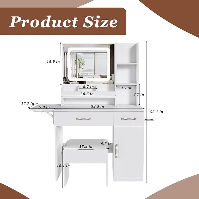Casaphoria Vanity Desk with Stool, LED Mirror & Outlet, 43 Inch White Makeup Vanity with 2 Drawers & 7 Shelves, Dressing Table with Storage Stool for Bedroom