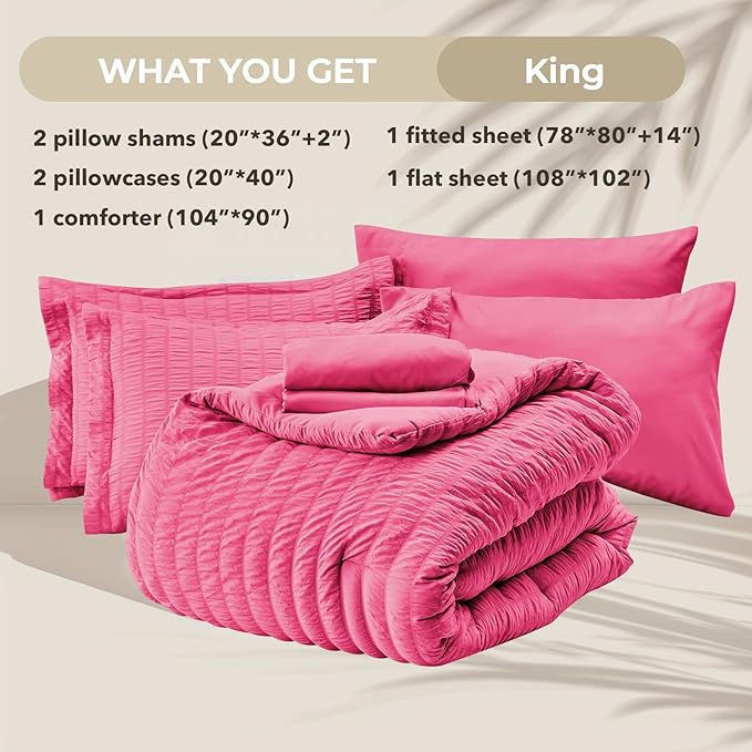 HYMOKEGE Hot Pink King Size Comforter Set Seersucker 7 Pieces, All Season Luxury Bed in a Bag for Bedroom, Bedding Set with Comforter, Sheets, Pillowcases & Shams