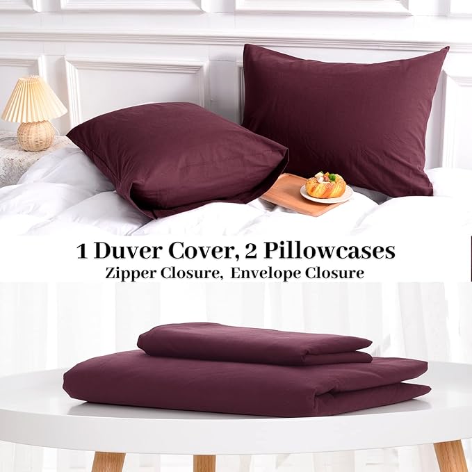 NEXHOME PRO Duvet Cover Set 100% Washed Cotton Super King 108"x98", Organic Natural Linen Look Textured 3 Pieces Bedding Set Burgundy Dark Red with Zipper Closure, Breathable (No Comforter)