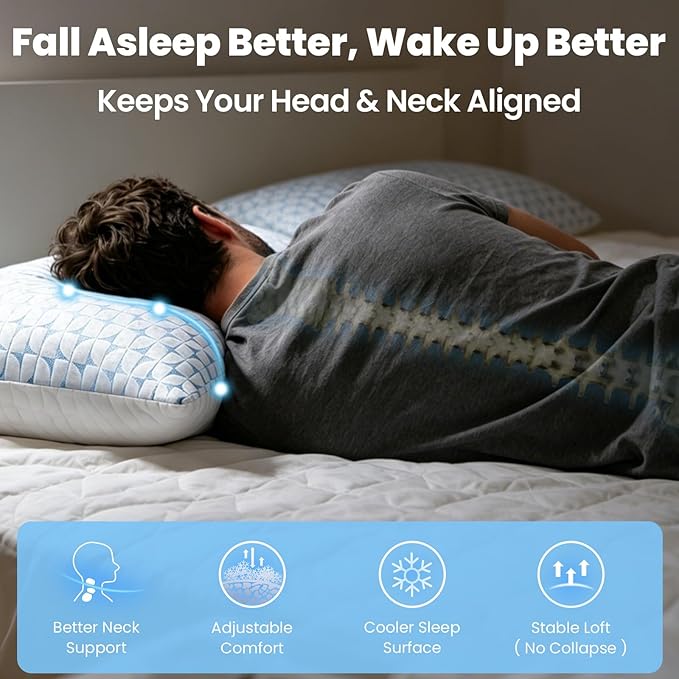 QUTOOL Firm Pillow Shredded Memory Foam, Cooling Pillow for Hot Sleeper, Adjustable Bed Pillow for Side Back Stomach Sleepers, Washable Cover, CertiPUR-US Certified, King Size Set of 2