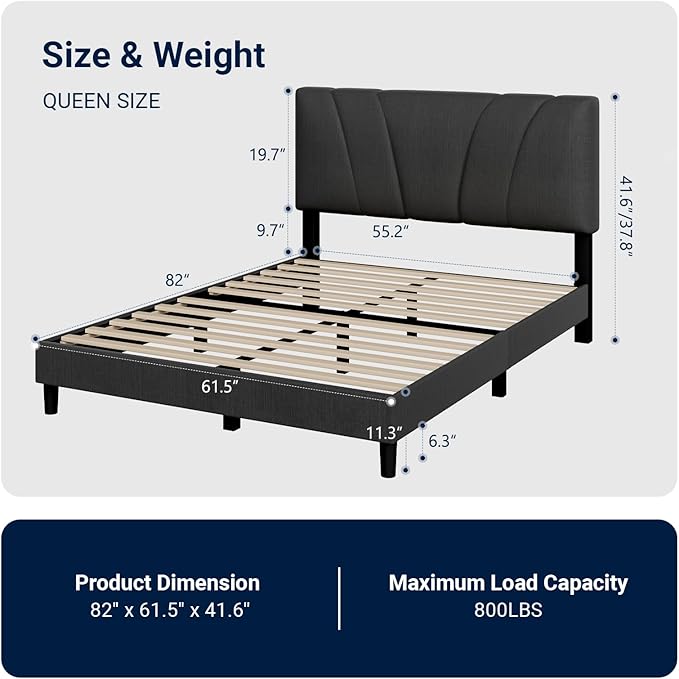 Avenco Queen Bed Frame, Upholstered Platform Bed Frame with Adjustable Headboard, Wood Slat Support, Easy Assembly, No Box Spring Needed, Dark Grey