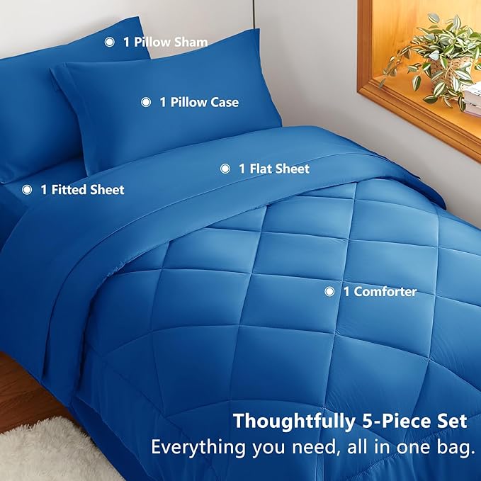 CozyLux Twin XL Comforter Set Classic Blue - 5 Pieces Twin Extra Long Bed in a Bag for College Dorm, All Season Bedding Set for Girls and Boys, Soft Bed Set with Comforter, Sheets, Pillowcase & Sham