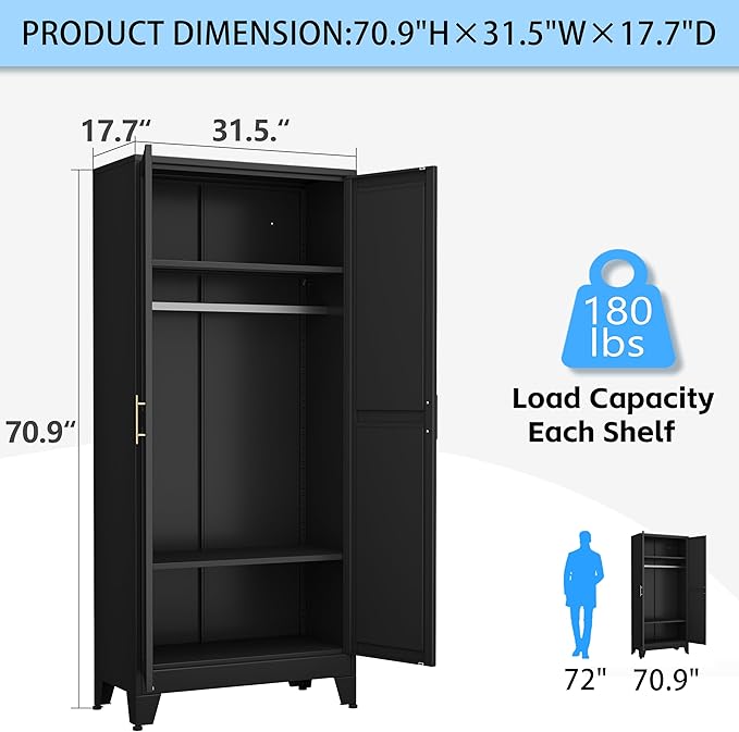 erosoei 71 "Metal Armoire Wardrobe Closet, Steel Clothing Storage Cabinet with Adjustable Shelves and Hanging Rod, Household Steel Wardrobe Storage Cabinet with Adjustable Standing feet（Black）
