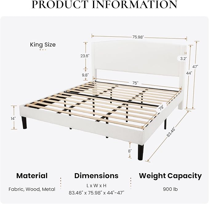 SHA CERLIN King Size Bed Frame with Soft Teddy Fabric, Boucle Upholstered Platform Bed, Curved Headboard Design, Wooden Slats Support, Noise-Free, No Box Spring Needed, Easy Assembly, White