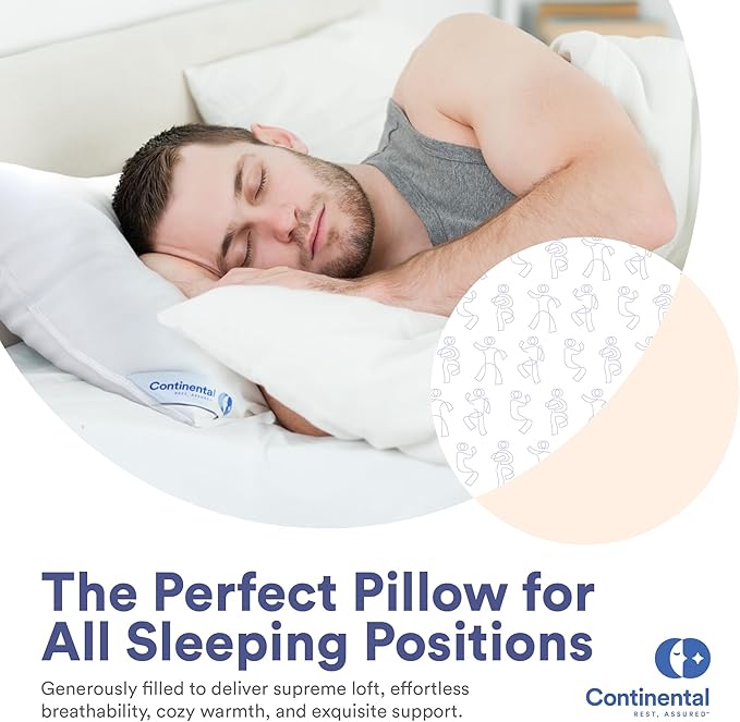 Continental Bedding 50/50 Down Feather Pillow, Fluffy Hotel Quality Side Sleeper Support, Breathable 300TC Cotton, RDS and Oeko TEX Certified
