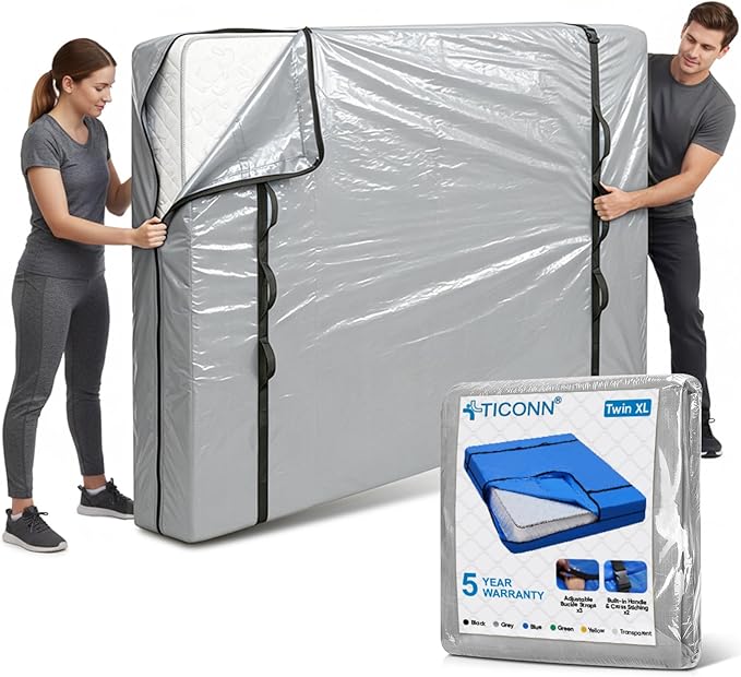 TICONN Mattress Bags for Moving, Heavy Duty Twin XL Mattress Cover Storage Bag with Full-Around Handle and Adjustable Buckles (Gray, Twin XL)