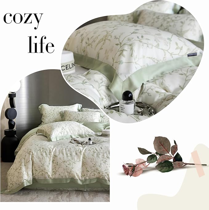 VM VOUGEMARKET Green Flower Duvet Cover Twin Cooling Lyocell Comfoter Cover Set for Hot Sleeper,Moisture Wicking Silky Bedding Set-Mint Green