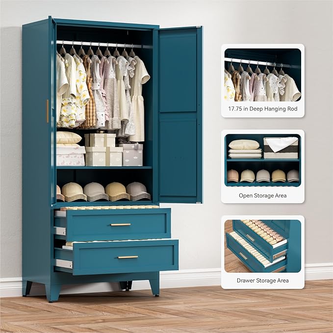 COFaR Armoire Wardrobe Closet with Drawers & Hanging Rod, 71'' Metal Wardrobe Closet with Doors & Adjustable Shelf, Farmhouse Wardrobe Cabinet for Bedroom Home Office, Peacock Blue