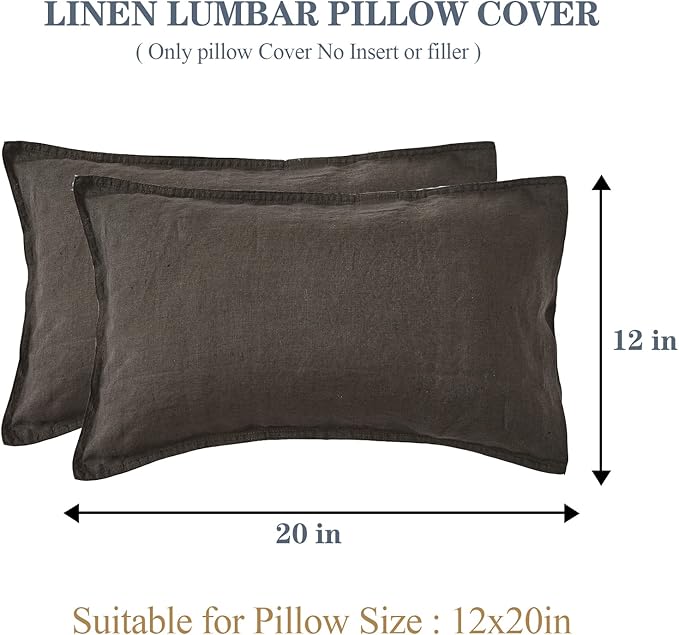 Simple&Opulence 100% Linen Lumbar Pillow Cover 12 x 20 Inches Set of 2 Rectangular Decorative Throw Cushion Cover for Couch Sofa Bed Living Room Office Soft Breathable Farmhouse - Dark Grey