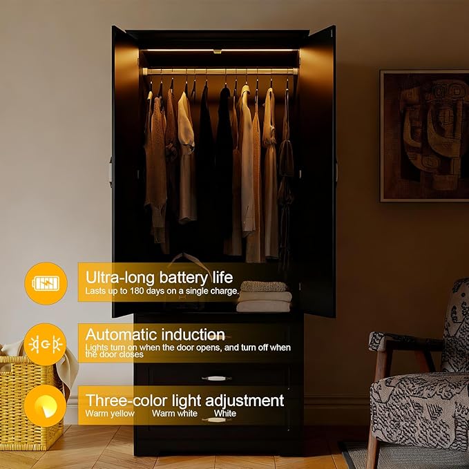 FJTJBSI Armoire Wardrobe Closet with 3 Drawers and LED Light 72" Wooden Bedroom Armoire with 2 Doors and Retro Ceramic Door Handles Modern Wardrobe Cabinet with Removable Hanging Rod Black