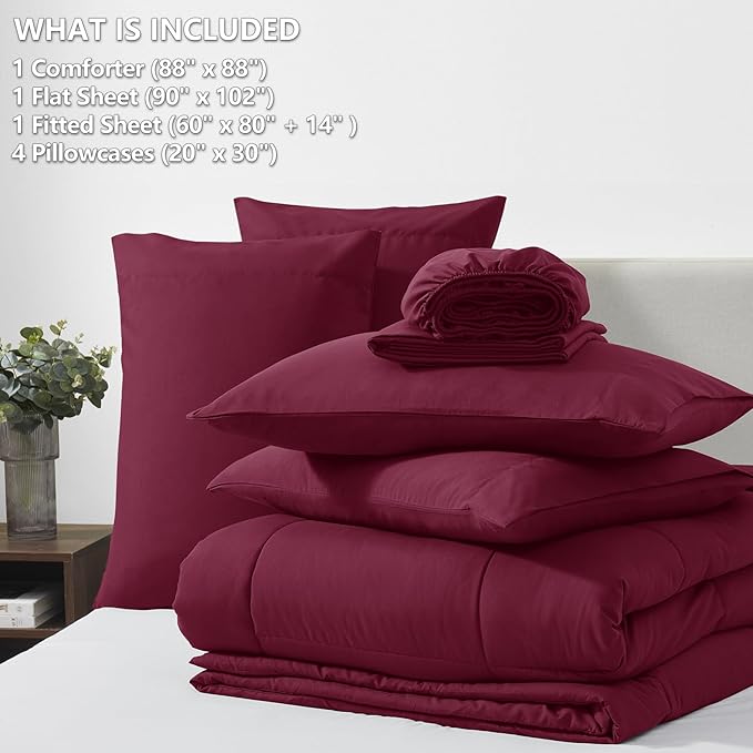 CozyLux Queen Comforter Set Burgundy, 7 Pieces Bed in a Bag, Red Comforters Queen Size, All Season Bedding Sets with Stitch Quilted Comforter, Flat Sheet, Fitted Sheet, Pillowcases