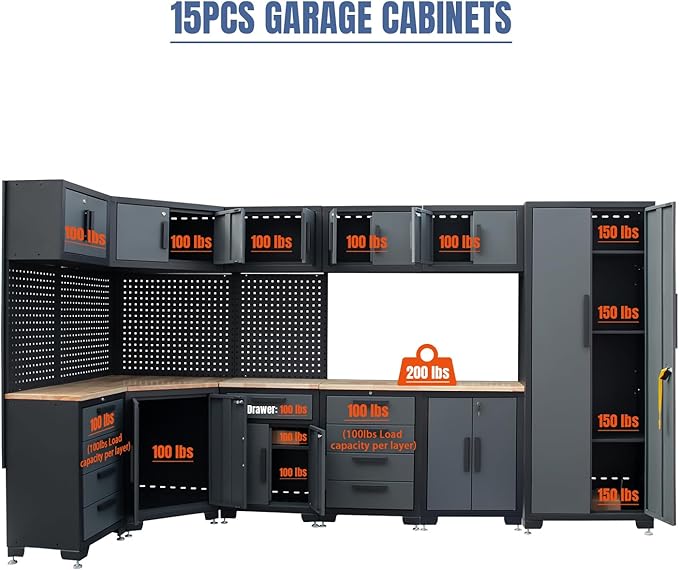 15PCS Corner Garage Storage Cabinet System, Heavy Duty Workshop Set, Corner Cabinet Includes Workbench, Pegboard & Lockable Drawers Metal Tool Organization System for Garage Workshop